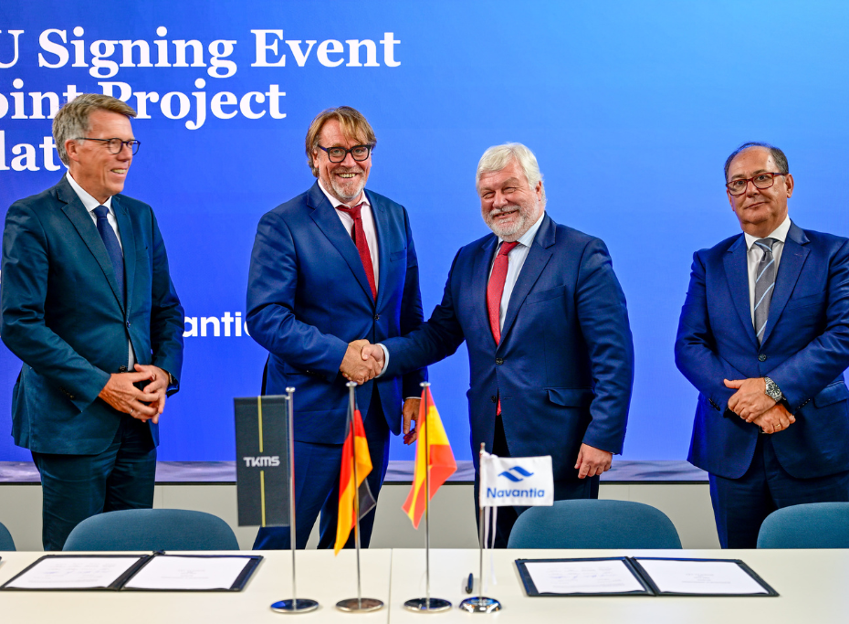 TKMS Navantia, four people sign MOU, shaking hands